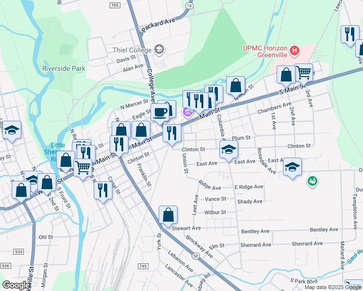 map of restaurants, bars, coffee shops, grocery stores, and more near 15 Union Street in Greenville