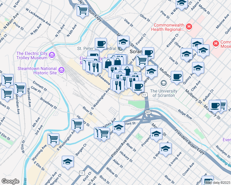map of restaurants, bars, coffee shops, grocery stores, and more near 520 Lackawanna Ave in Scranton
