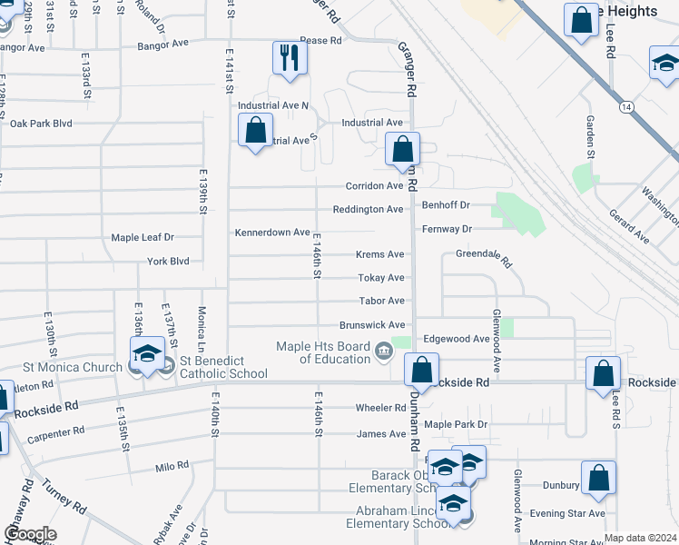 map of restaurants, bars, coffee shops, grocery stores, and more near 14707 Tokay Avenue in Maple Heights