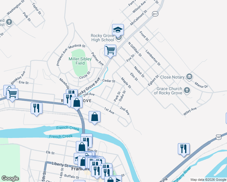 map of restaurants, bars, coffee shops, grocery stores, and more near 45 Venango St in Franklin