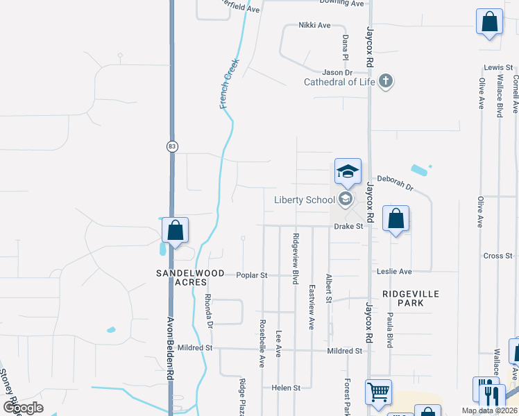 map of restaurants, bars, coffee shops, grocery stores, and more near 5844 Rosebelle Avenue in North Ridgeville