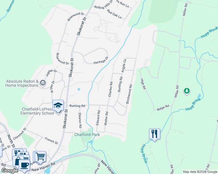 map of restaurants, bars, coffee shops, grocery stores, and more near 13 Charles Road in Seymour