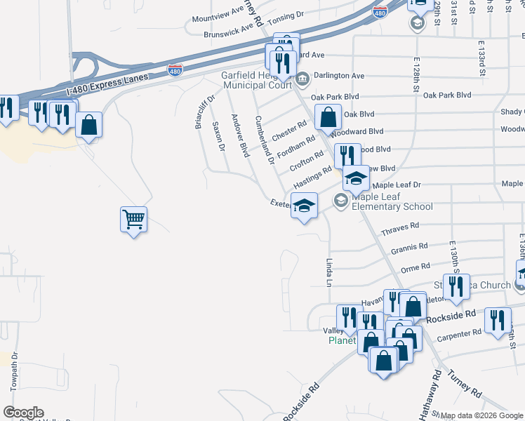 map of restaurants, bars, coffee shops, grocery stores, and more near 11400 Andover Boulevard in Garfield Heights