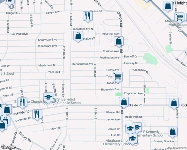 map of restaurants, bars, coffee shops, grocery stores, and more near 14511 Tokay Avenue in Maple Heights