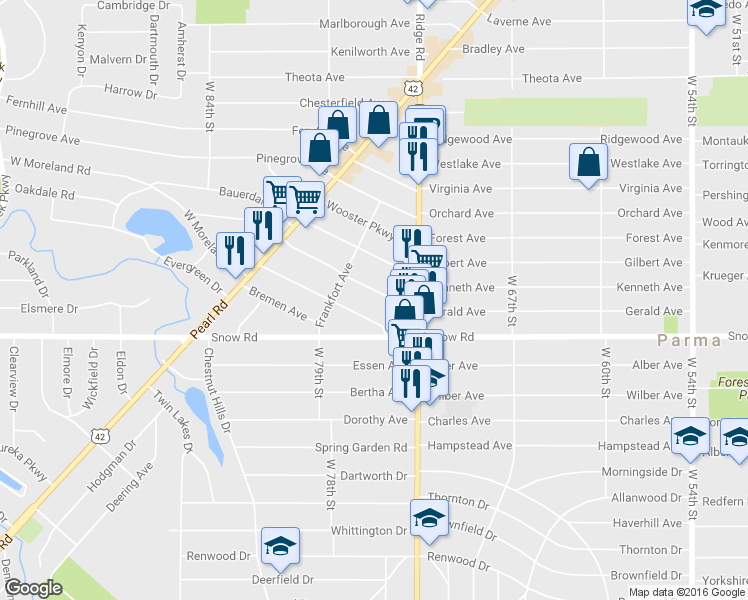 map of restaurants, bars, coffee shops, grocery stores, and more near 7507 Jameson Avenue in Parma