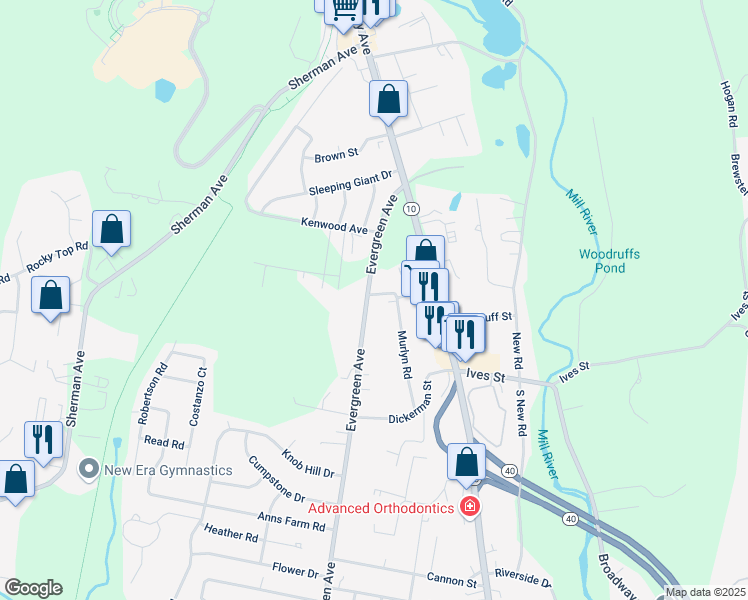 map of restaurants, bars, coffee shops, grocery stores, and more near 124 Murlyn Road in Hamden