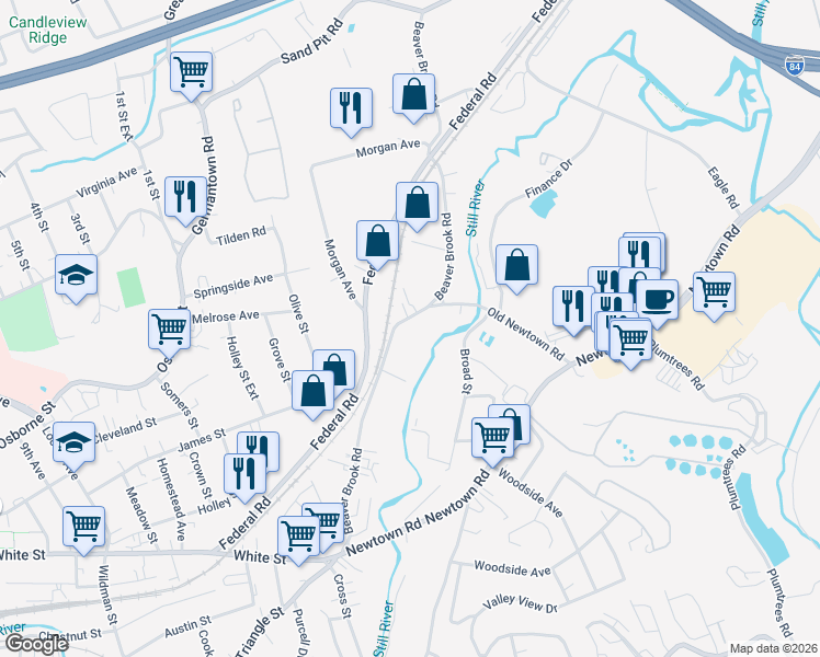 map of restaurants, bars, coffee shops, grocery stores, and more near 55 Beaver Brook Road in Danbury