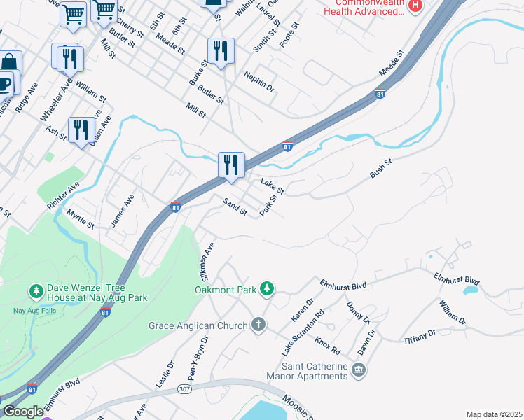 map of restaurants, bars, coffee shops, grocery stores, and more near 302 Erie Street in Scranton