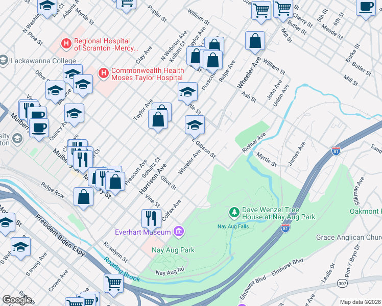 map of restaurants, bars, coffee shops, grocery stores, and more near 719 Wheeler Avenue in Scranton