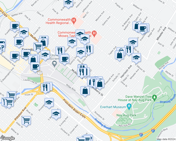 map of restaurants, bars, coffee shops, grocery stores, and more near 1219 Vine Street in Scranton