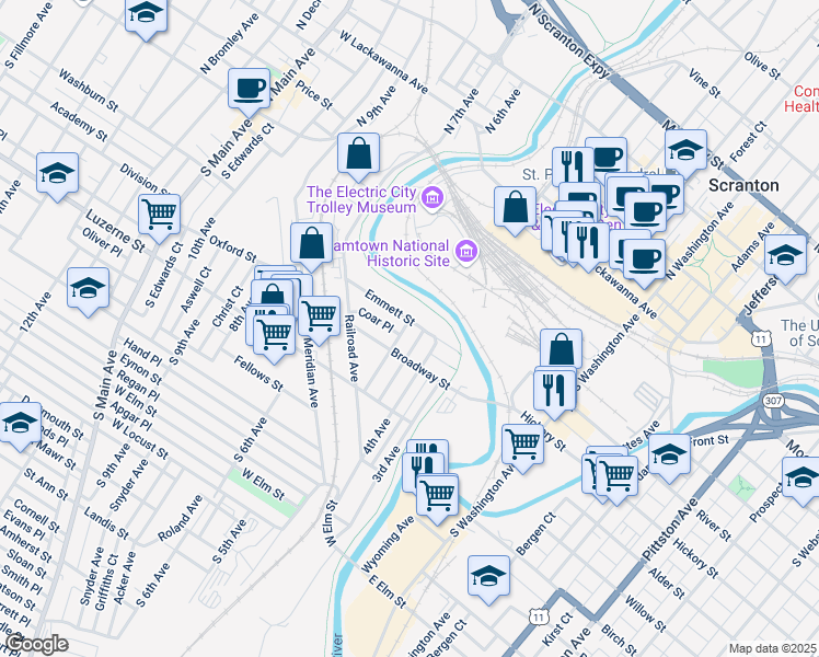 map of restaurants, bars, coffee shops, grocery stores, and more near 306 Emmett Street in Scranton