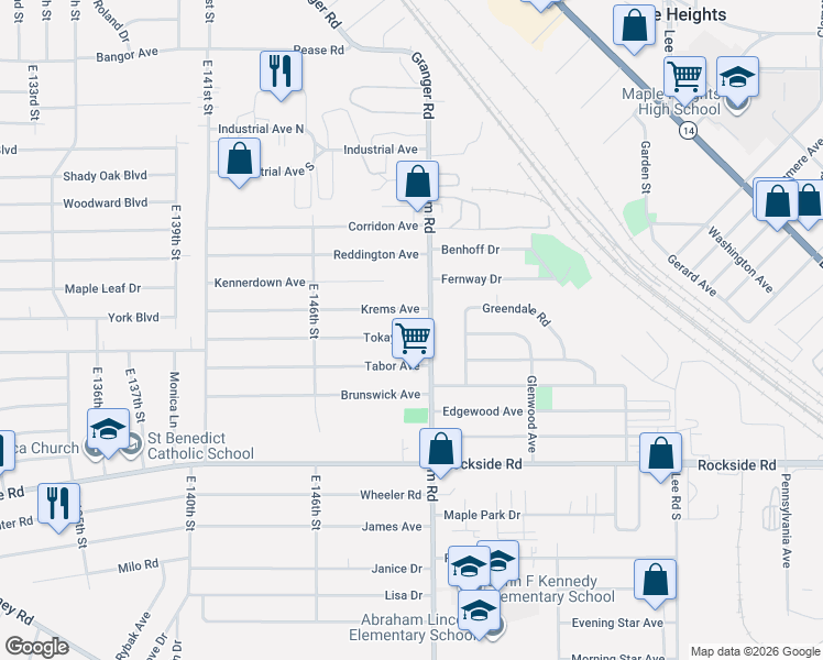 map of restaurants, bars, coffee shops, grocery stores, and more near 15107 Tokay Avenue in Maple Heights