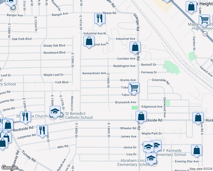 map of restaurants, bars, coffee shops, grocery stores, and more near 14511 Tokay Avenue in Maple Heights