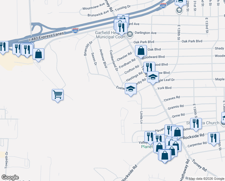 map of restaurants, bars, coffee shops, grocery stores, and more near 11400 Andover Boulevard in Garfield Heights