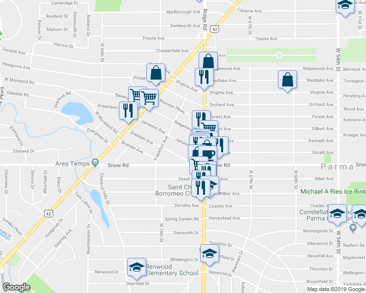 map of restaurants, bars, coffee shops, grocery stores, and more near 7507 Jameson Avenue in Parma