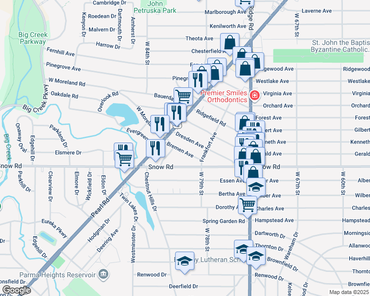map of restaurants, bars, coffee shops, grocery stores, and more near 7926 Bremen Avenue in Parma