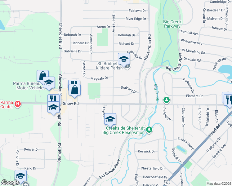 map of restaurants, bars, coffee shops, grocery stores, and more near 10614 Windham Road in Cleveland