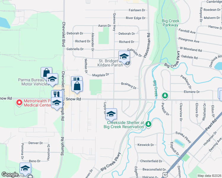 map of restaurants, bars, coffee shops, grocery stores, and more near 10810 Windham Road in Cleveland