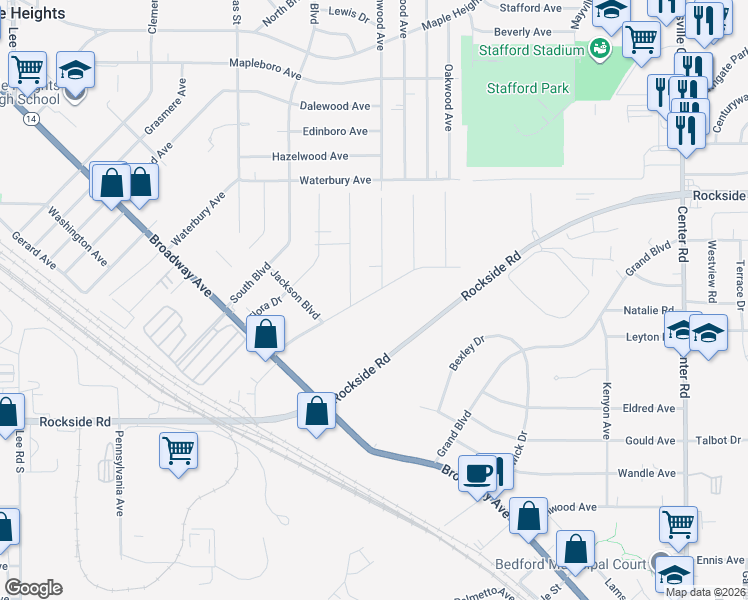 map of restaurants, bars, coffee shops, grocery stores, and more near 128 Greencroft Road in Bedford