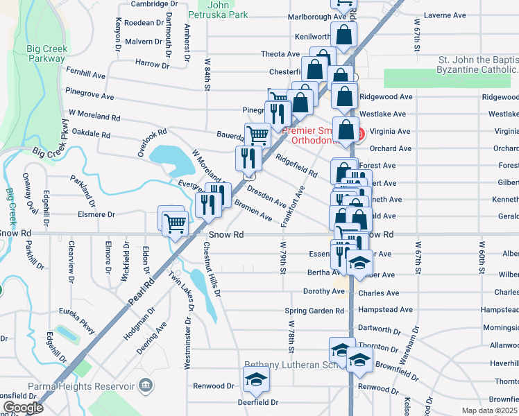 map of restaurants, bars, coffee shops, grocery stores, and more near 7926 Bremen Avenue in Parma