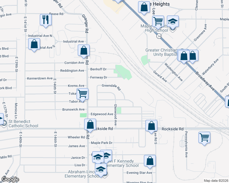 map of restaurants, bars, coffee shops, grocery stores, and more near 15605 Glenwood Ave in Maple Heights