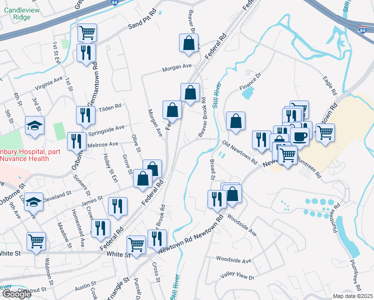 map of restaurants, bars, coffee shops, grocery stores, and more near 55 Beaver Brook Road in Danbury