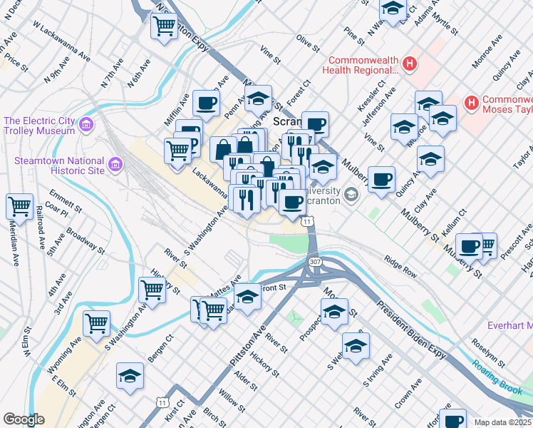 map of restaurants, bars, coffee shops, grocery stores, and more near 100 Adams Avenue in Scranton