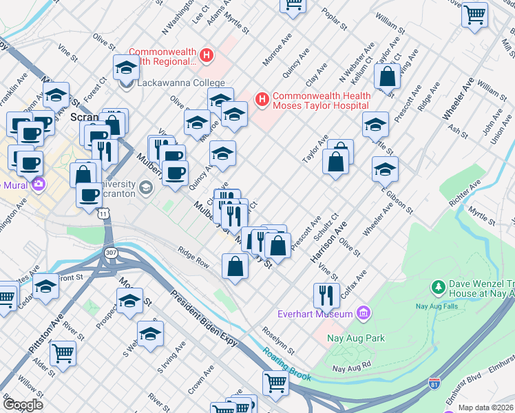map of restaurants, bars, coffee shops, grocery stores, and more near 1219 Vine Street in Scranton