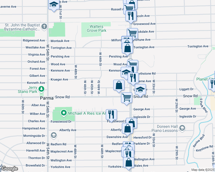 map of restaurants, bars, coffee shops, grocery stores, and more near 4210 Liggett Drive in Parma