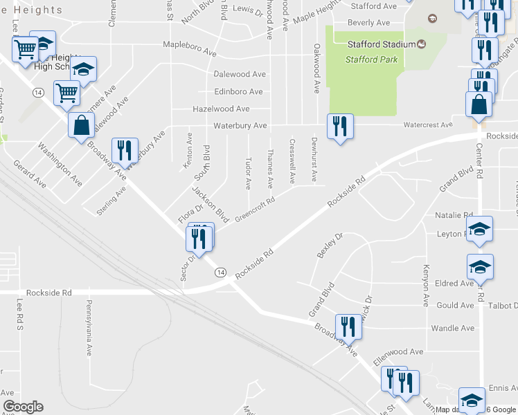 map of restaurants, bars, coffee shops, grocery stores, and more near 118 Greencroft Road in Bedford