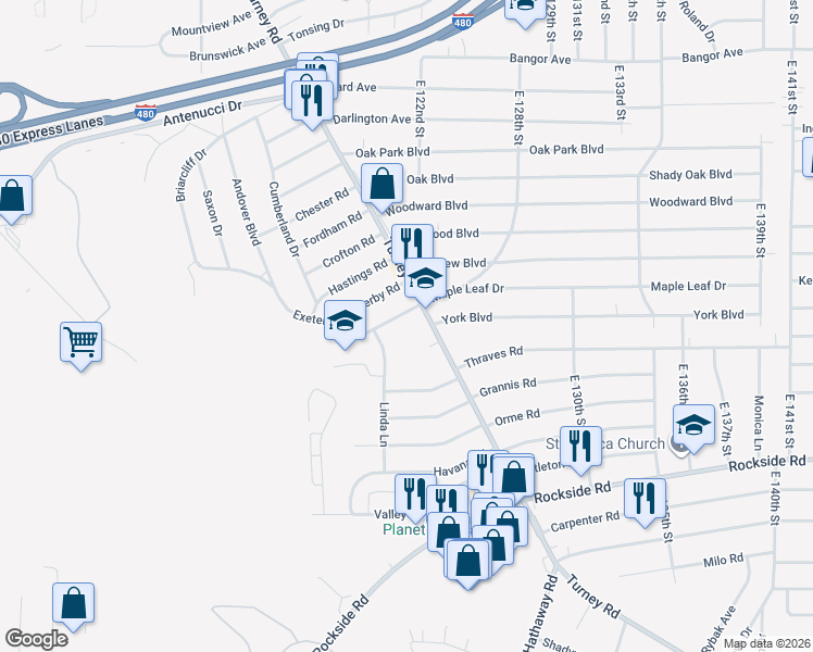 map of restaurants, bars, coffee shops, grocery stores, and more near 5764 Turney Road in Garfield Heights