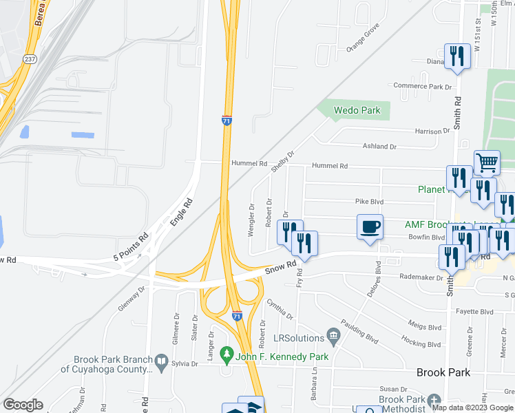map of restaurants, bars, coffee shops, grocery stores, and more near 5787 Wengler Drive in Brook Park