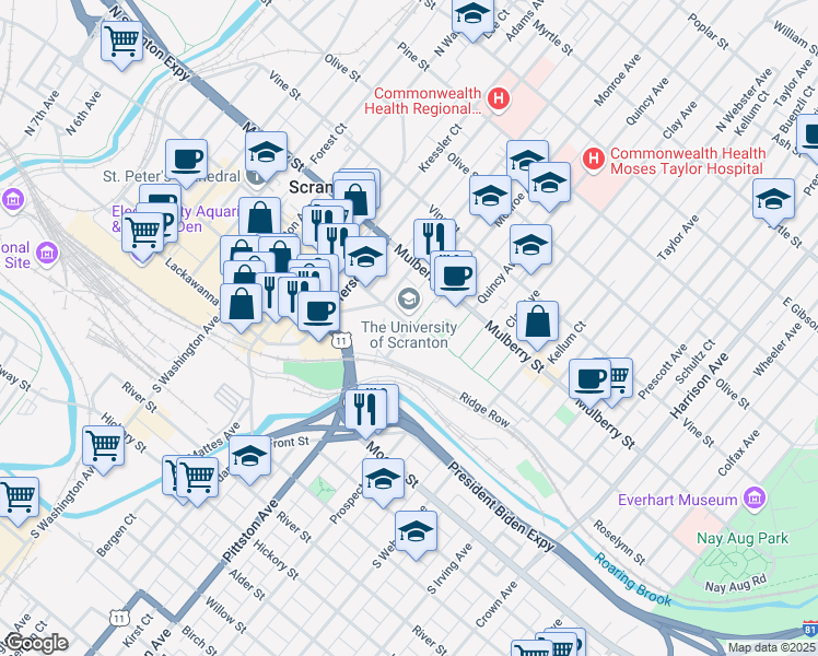 map of restaurants, bars, coffee shops, grocery stores, and more near 800 Linden Street in Scranton