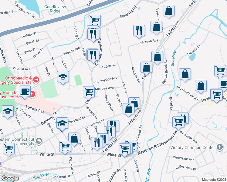 map of restaurants, bars, coffee shops, grocery stores, and more near 26 Holley Street Extension in Danbury