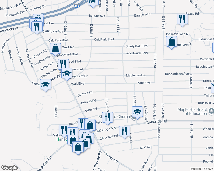map of restaurants, bars, coffee shops, grocery stores, and more near 13000 York Blvd in Garfield Heights