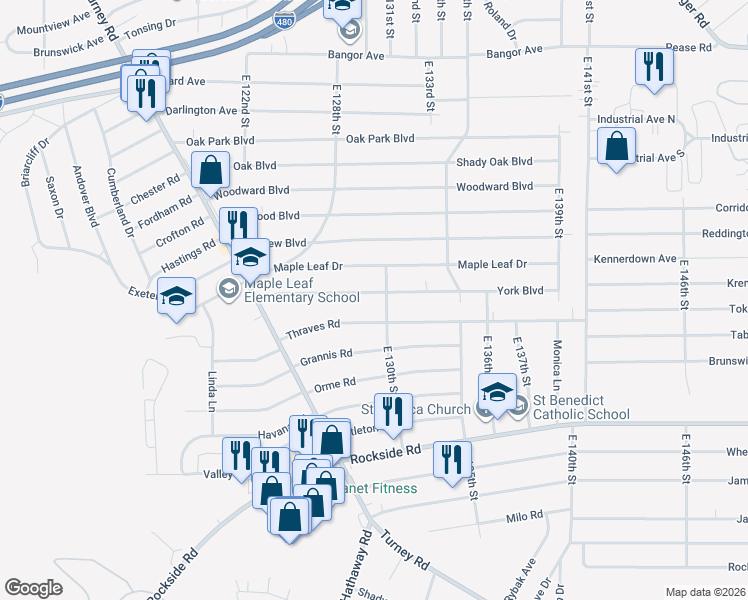 map of restaurants, bars, coffee shops, grocery stores, and more near 13000 York Boulevard in Garfield Heights