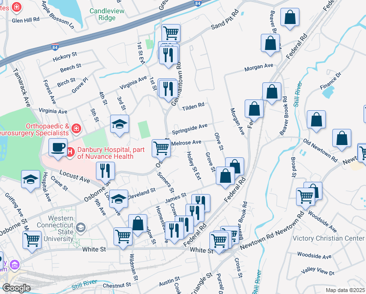 map of restaurants, bars, coffee shops, grocery stores, and more near 63 Holley Street Extension in Danbury