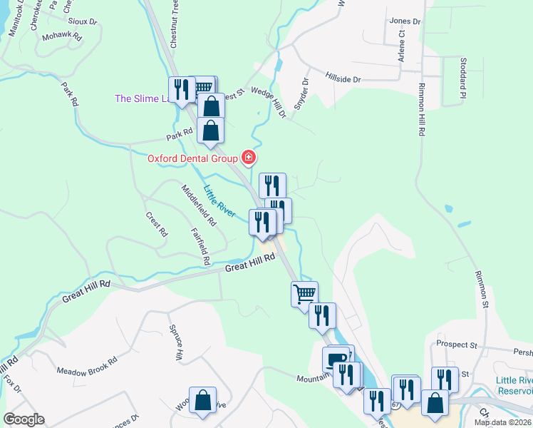 map of restaurants, bars, coffee shops, grocery stores, and more near 84 Wyant Road in Oxford