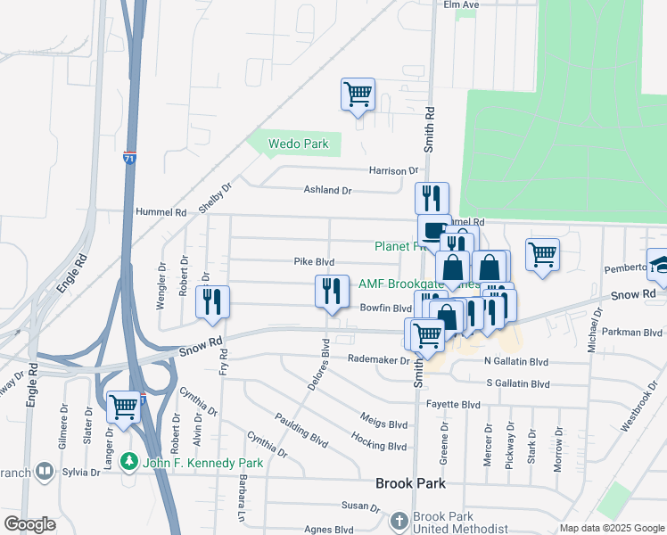map of restaurants, bars, coffee shops, grocery stores, and more near 15789 Pike Boulevard in Brook Park