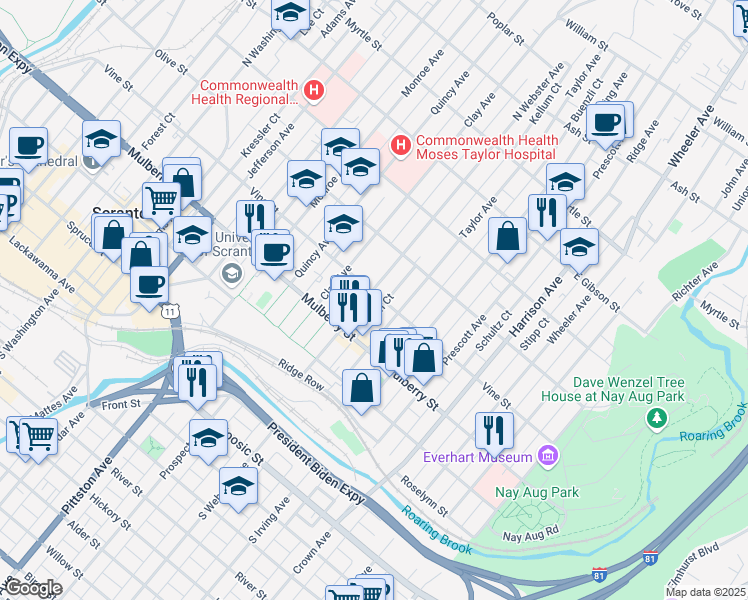 map of restaurants, bars, coffee shops, grocery stores, and more near 1202 Vine Street in Scranton