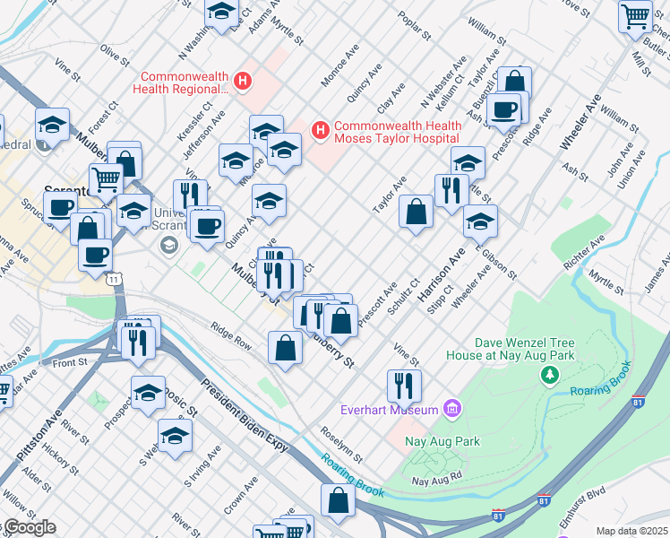 map of restaurants, bars, coffee shops, grocery stores, and more near 520 Taylor Avenue in Scranton