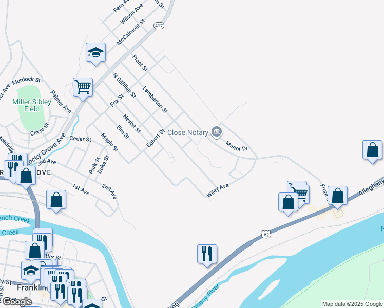 map of restaurants, bars, coffee shops, grocery stores, and more near 425 North Gilfillan Street in Franklin
