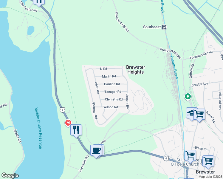 map of restaurants, bars, coffee shops, grocery stores, and more near 12 Tanager Road in Brewster