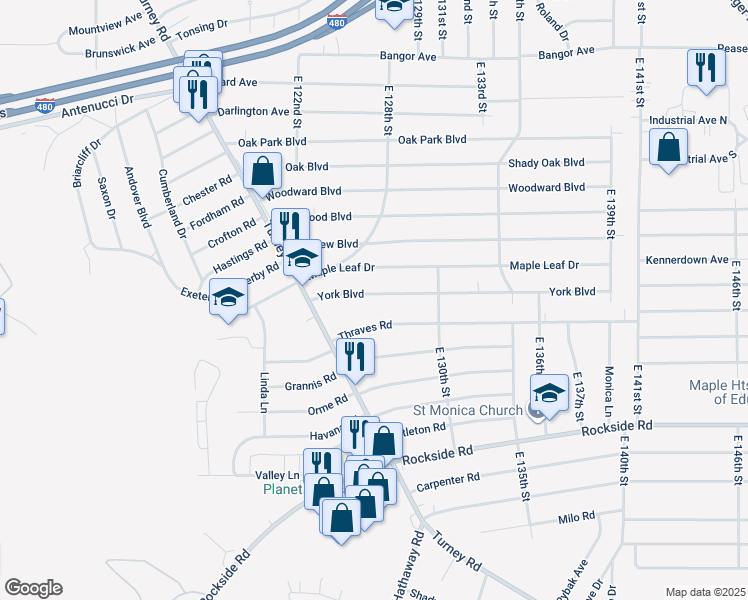 map of restaurants, bars, coffee shops, grocery stores, and more near 12612 York Boulevard in Garfield Heights