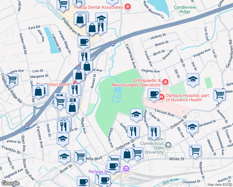 map of restaurants, bars, coffee shops, grocery stores, and more near 45 Ellsworth Avenue in Danbury