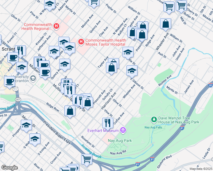 map of restaurants, bars, coffee shops, grocery stores, and more near 622 Prescott Avenue in Scranton