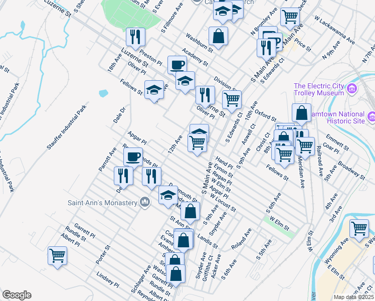 map of restaurants, bars, coffee shops, grocery stores, and more near 1170 West Elm Street in Scranton