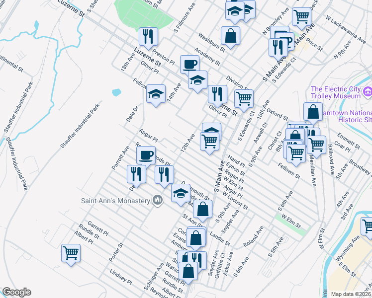 map of restaurants, bars, coffee shops, grocery stores, and more near 1170 West Elm Street in Scranton