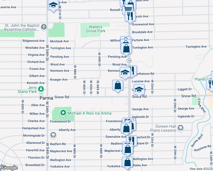 map of restaurants, bars, coffee shops, grocery stores, and more near 4210 Liggett Drive in Parma