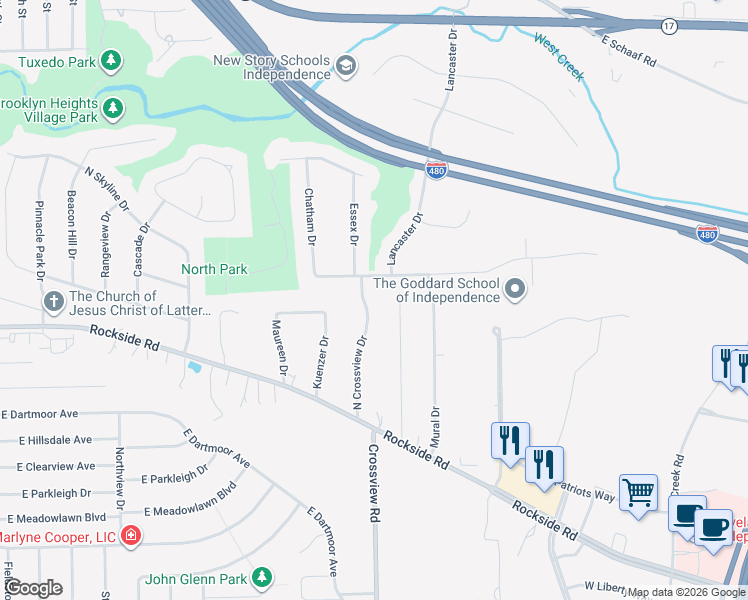 map of restaurants, bars, coffee shops, grocery stores, and more near 5763 North Crossview Drive in Seven Hills